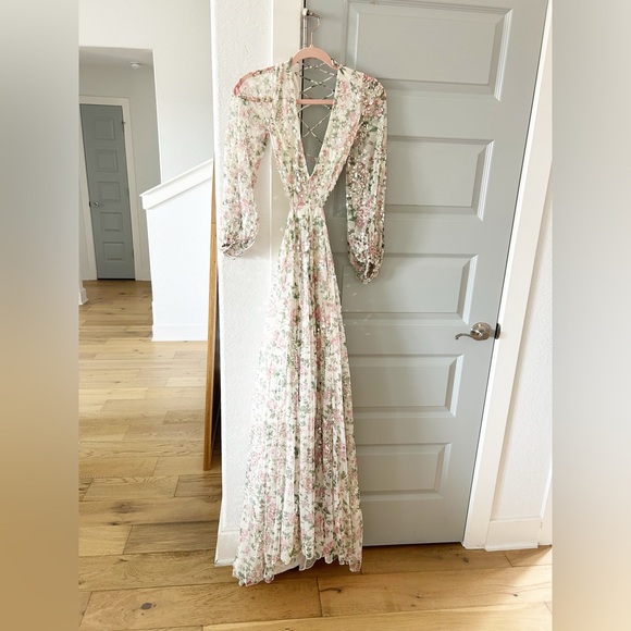 NWT A93746 Anthropologie Mac Duggal Sequined Floral Print Cutout Lace-Up Gown - Picture 3 of 7